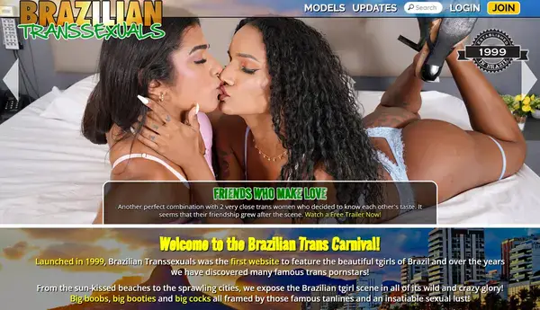 Porn site Brazilian Transsexuals homepage screenshot with Havenna Sofia and Thaysa Lopes in lesbian scene